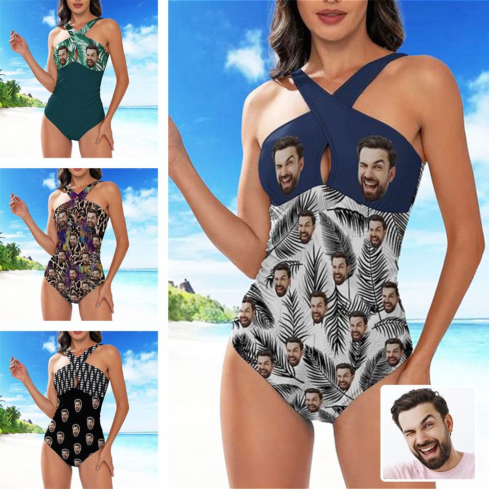 Custom Face Cross Collar One Piece Swimsuit Personalized Women&