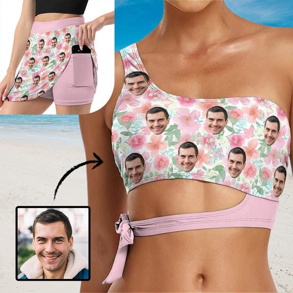 Custom Face Pink Flowers Separated Bikinis Top&Bottom A Line Trouser Midi Skirt with Pockets for Womens