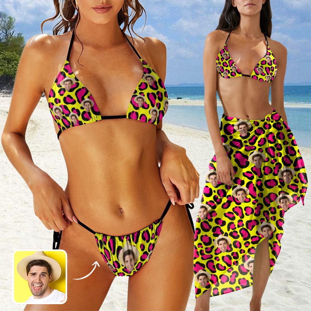 Custom Face Yellow&amp;Red Leopard Triangle Bikini Three Piece Swimsuit with Cover Up Sarong