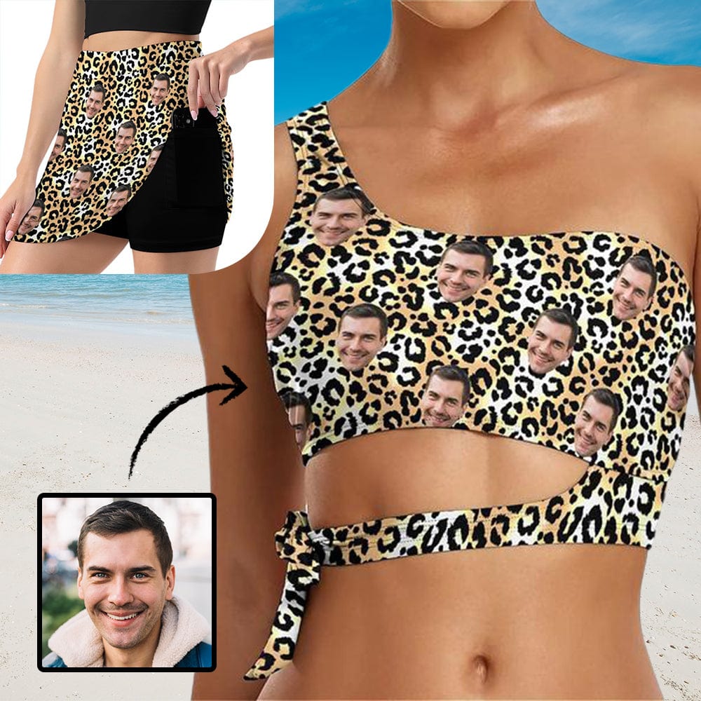 Custom Face Leopard Separated Bikinis Top&amp;Bottom A Line Trouser Midi Skirt with Pockets for Womens