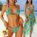 Custom Face Pineapple Green Triangle Bikini Three Piece Swimsuit with Cover Up Sarong