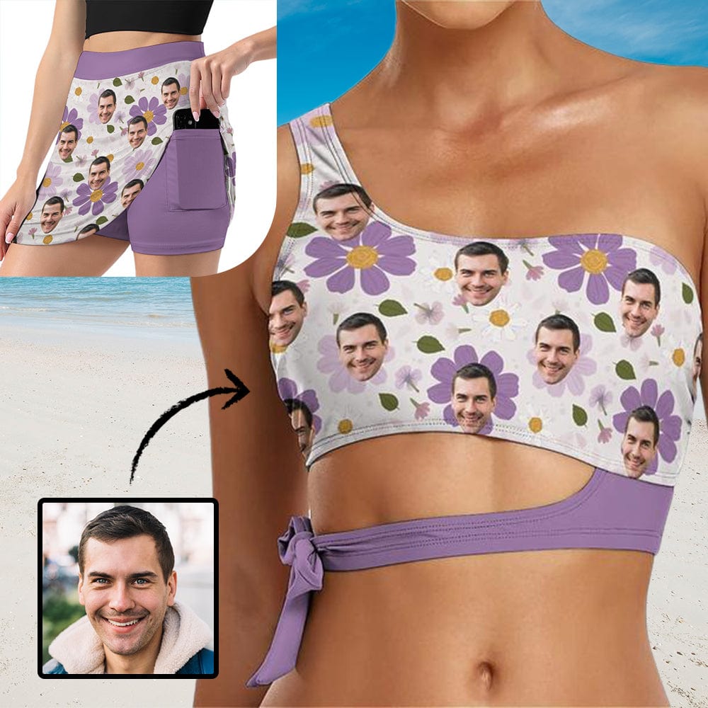 Custom Face Purple Flowers Separated Bikinis Top&amp;Bottom A Line Trouser Midi Skirt with Pockets for Womens