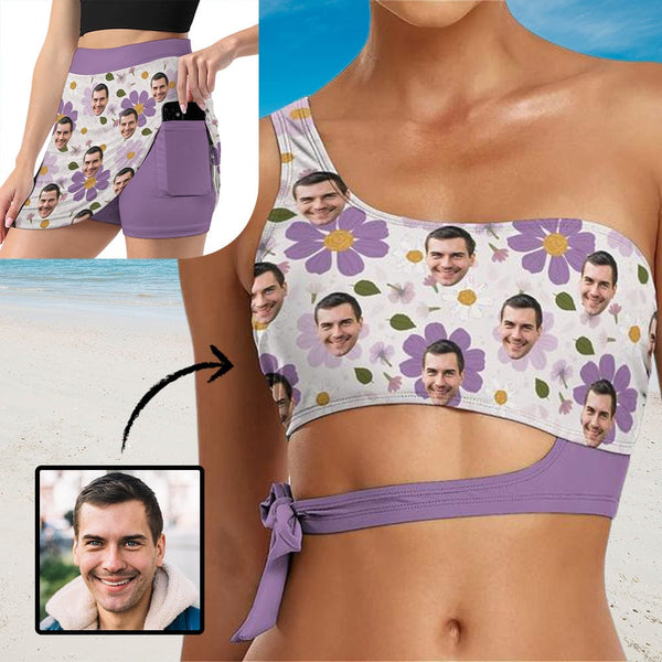 Custom Face Purple Flowers Separated Bikinis Top&Bottom A Line Trouser Midi Skirt with Pockets for Womens