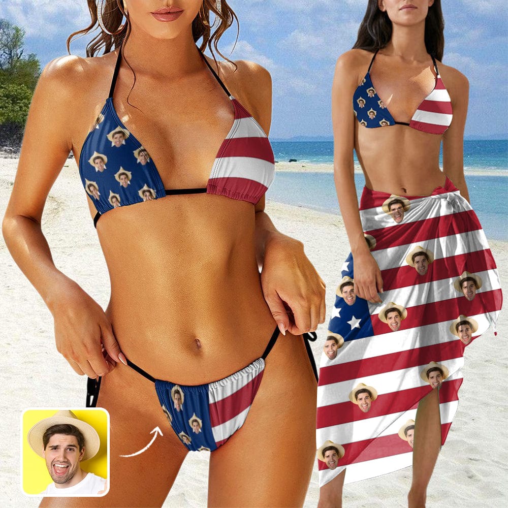 Custom Face USA Flag Triangle Bikini Three Piece Swimsuit with Cover Up Sarong