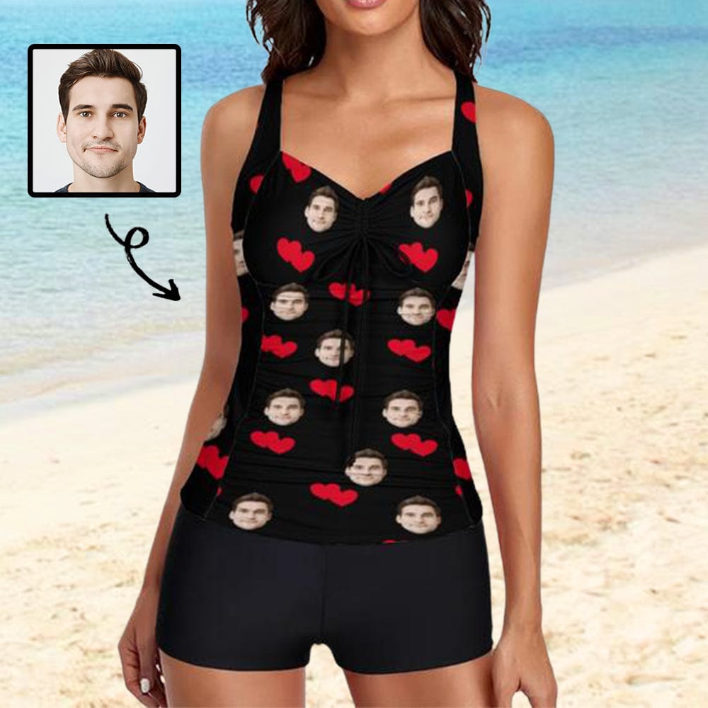 Custom Face Red Heart Black Ruched Plain Adjustable Strap Tankini Personalized Two Piece Swimsuit