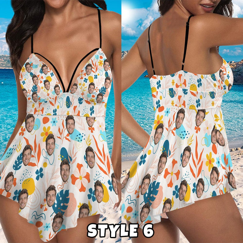 Custom Face Swimsuit Women's V-Neck Tankini Set Personalized Bathing suit with Face