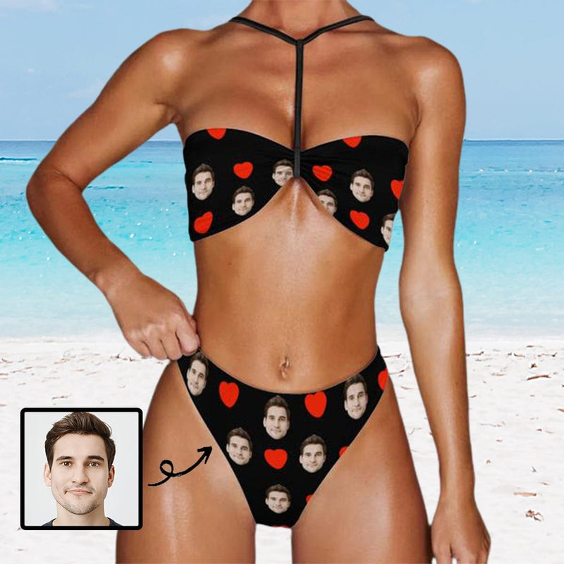 Custom Face Red Heart Black Triangle Halterneck Bikini Personalized Two Piece Swimsuit