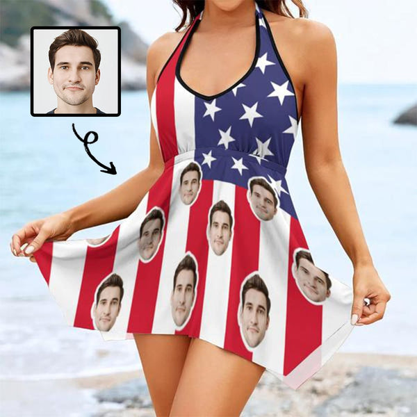 Custom Face USA Flag Midi Backless Swimming Dresses Personalized Two Piece Tankini with Built in Shorts