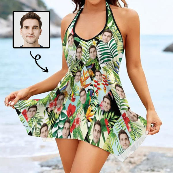 Custom Face Leaves&Flowers Midi Backless Swimming Dresses Personalized Two Piece Tankini with Built in Shorts