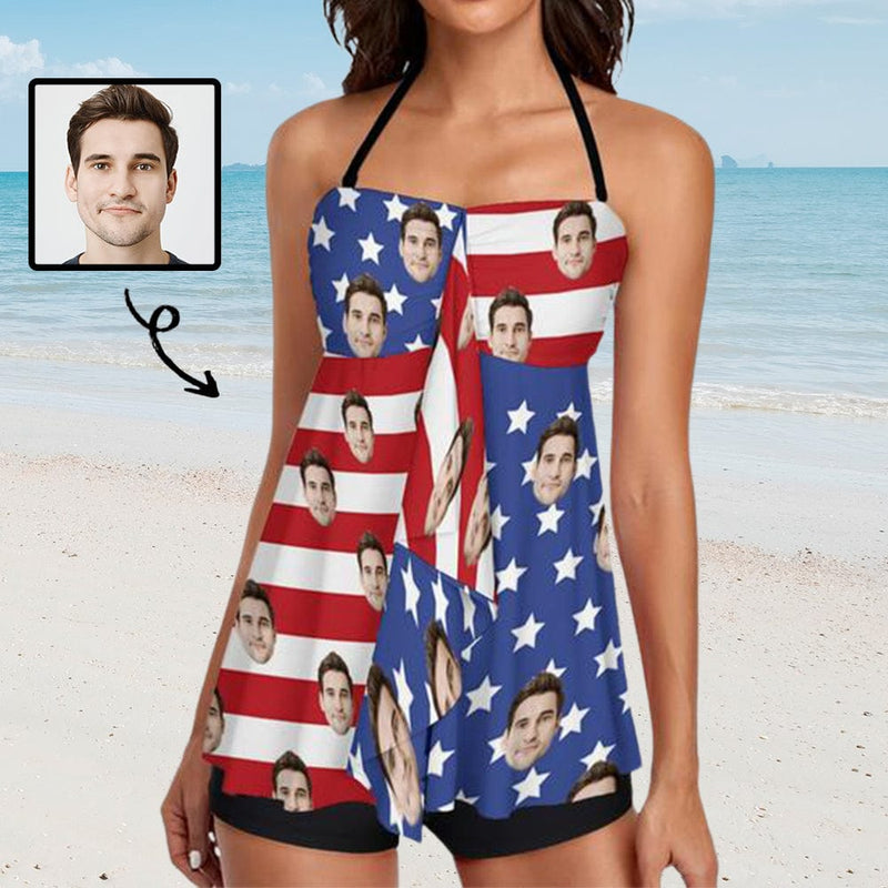 Custom Face Stripes Stars Flag Neck Sling Tankini Personalized Split Swimsuit