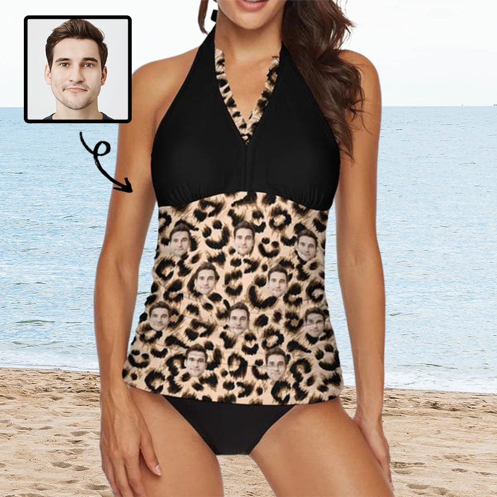 Custom Face Leopard Lace Halter Neck Two Piece Bikini Personalized Women Swimsuit