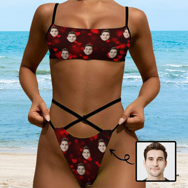 Custom Face Little Hearts Waist Bond Sports Bikini Peronalized Two Piece Swimsuit