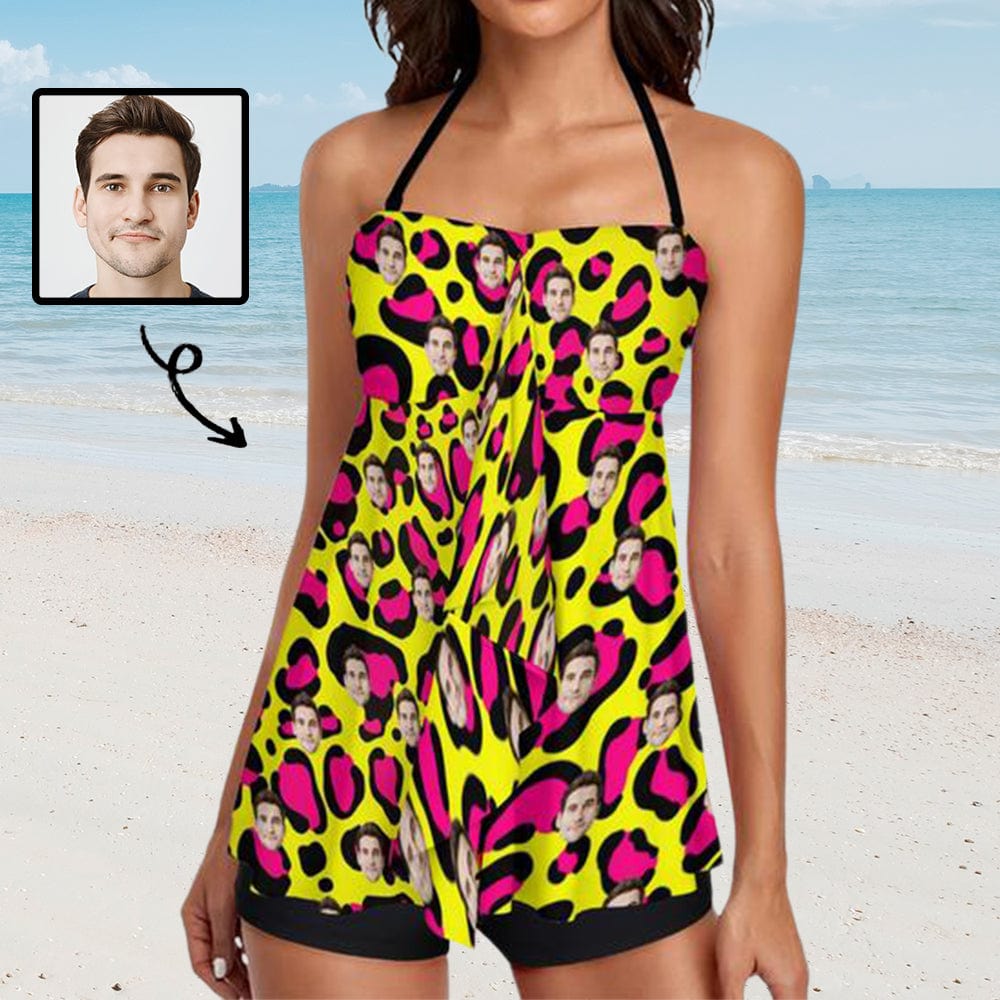 Custom Face Yellow&amp;Red Leopard Neck Sling Tankini Personalized Split Swimsuit