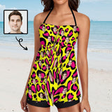 Custom Face Yellow&Red Leopard Neck Sling Tankini Personalized Split Swimsuit