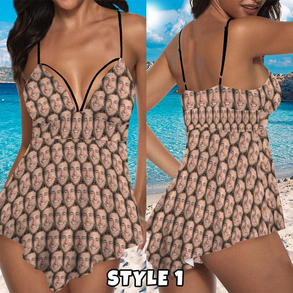 Custom Face Swimsuit Women's V-Neck Tankini Set Personalized Bathing suit with Face