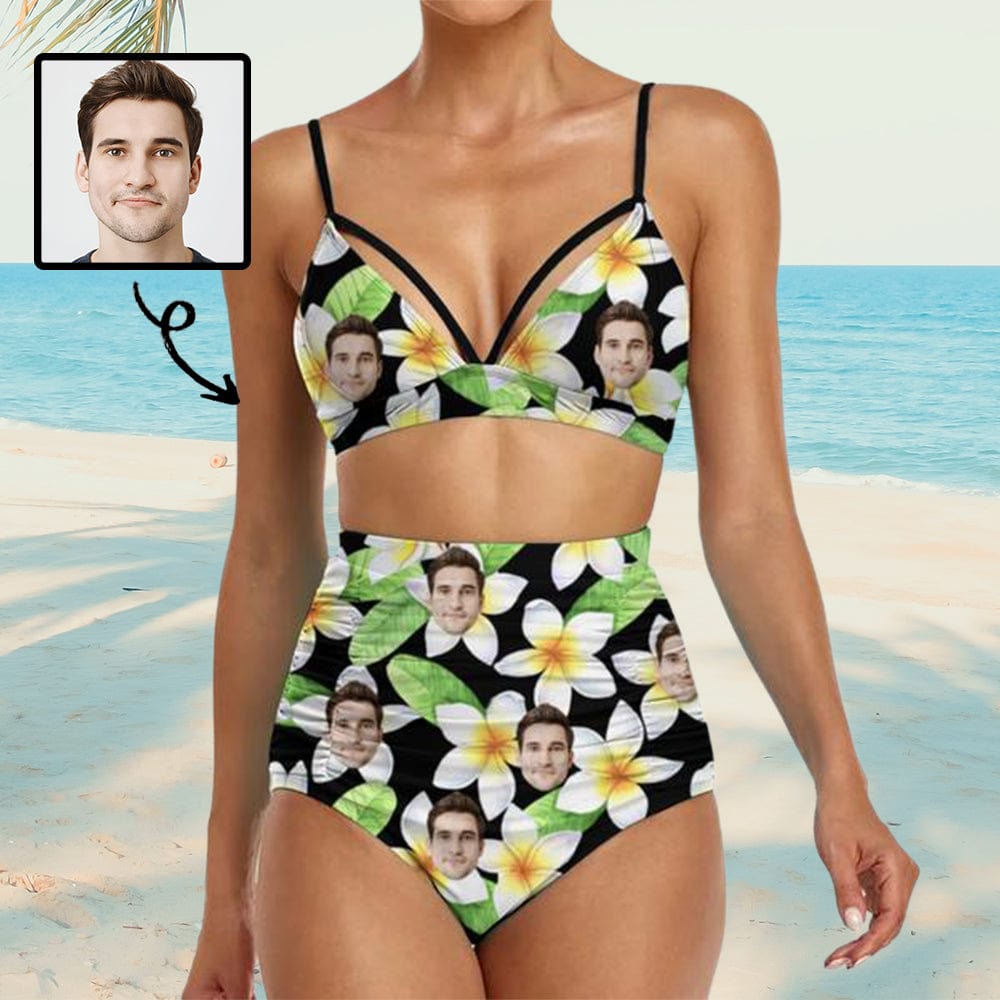 Custom Face Flowers Bust Bond High Waist Bikini Personalized Two Piece Swimsuit