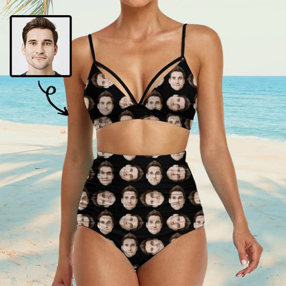 Custom Face Black Background Bust Bond  High Waist  Bikini Personalized Two Piece Swimsuit