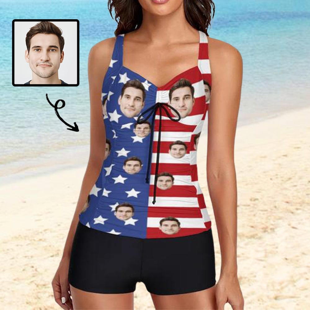 Custom Face USA Flag Ruched Plain Adjustable Strap Tankini Personalized Two Piece Swimsuit