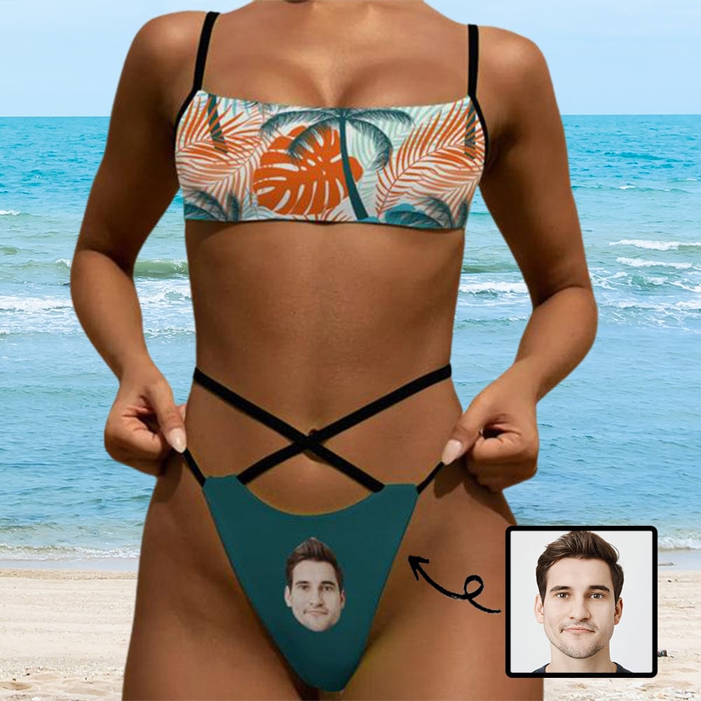 Custom Face Tropical Leaves Green Waist Bond Triangle Bikini Peronalized Two Piece Swimsuit