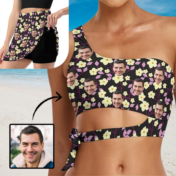 Custom Face Purple Flowers Black Separated Bikinis Top&Bottom A Line Trouser Midi Skirt with Pockets for Womens
