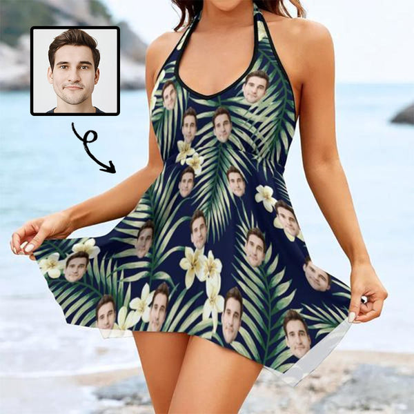 Custom Face Dark Leaves Midi Backless Swimming Dresses Personalized Two Piece Tankini with Built in Shorts