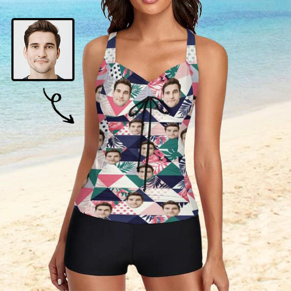 Custom Face Geometric Pattern Ruched Plain Adjustable Strap Tankini Personalized Two Piece Swimsuit