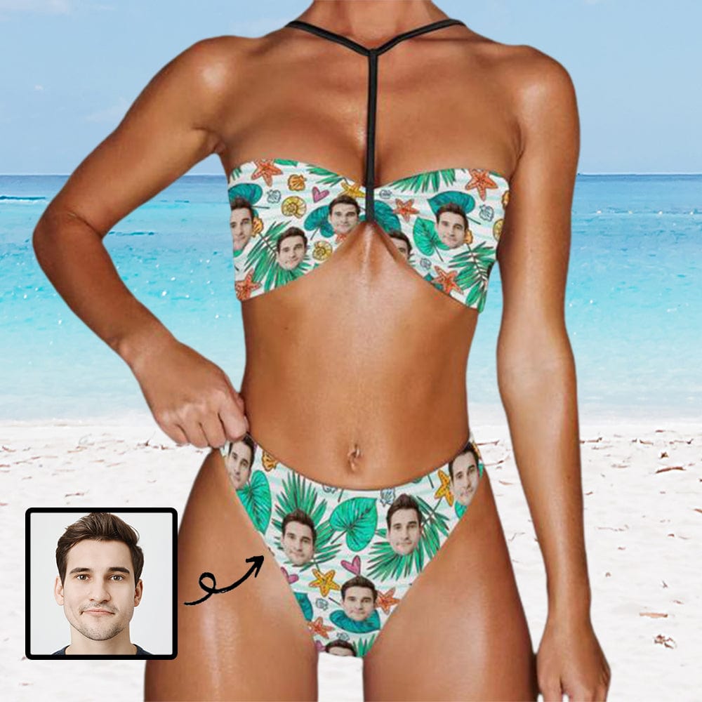 Custom Face Leaves Triangle Halterneck Bikini Personalized Two Piece Swimsuit