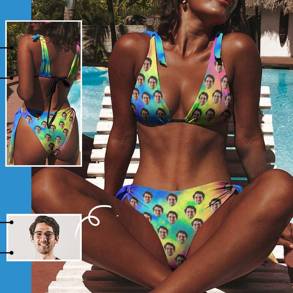 Custom Face Rainbow Deep V Neck Tie Side Low Waisted Triangle Bikini Personalized Bathing Suit Women&