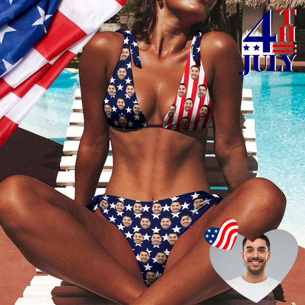 Custom Face Ameican Flag Triangle Bikini SwimSuit Personalized Two Piece Swimsuit Bathing Suit