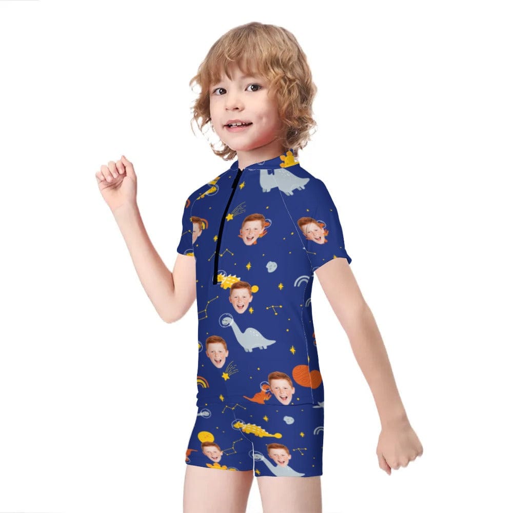 Custom Face Dinosaur Short Sleeve Two Piece Tankini Personalized Kid Swimsuit