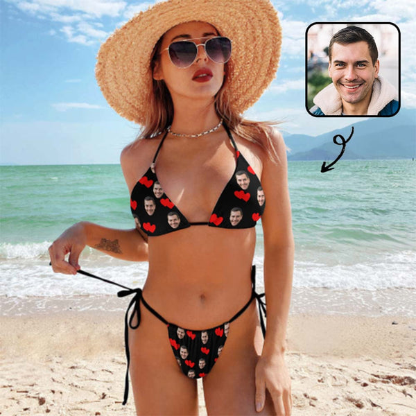 Custom Face My Love Deep V Neck Tie Side Low Waisted Triangle Bikini Personalized Bathing Suit Women's Two Piece Swimsuit Summer Beach Pool Outfits