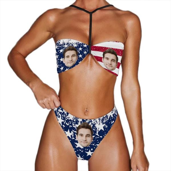 Custom Face USA Flag Triangle Halterneck Bikini Personalized Two Piece Swimsuit