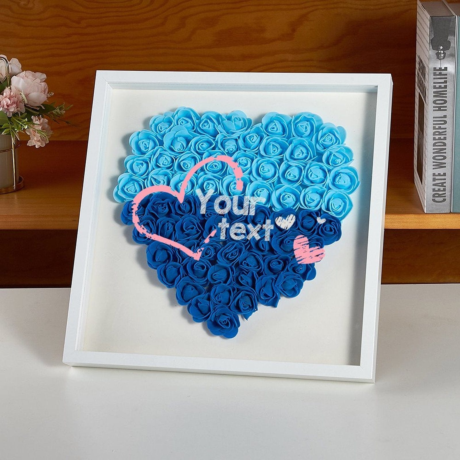 Custom Pink Text Heart-shaped Paper Flower Shadow Box Valentine&