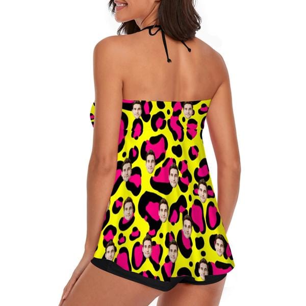 Custom Face Yellow&amp;Red Leopard Neck Sling Tankini Personalized Split Swimsuit