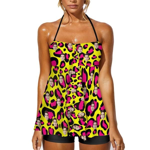 Custom Face Yellow&amp;Red Leopard Neck Sling Tankini Personalized Split Swimsuit