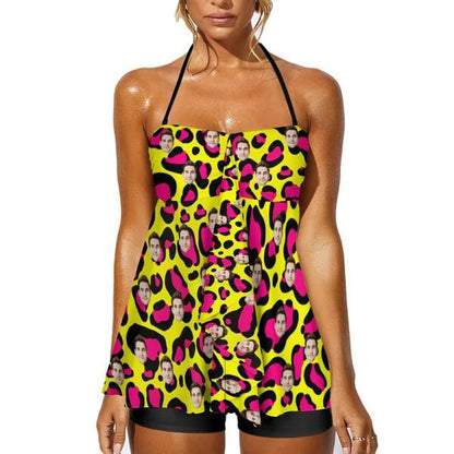 Custom Face Yellow&amp;Red Leopard Neck Sling Tankini Personalized Split Swimsuit