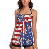 Custom Face Stripes Stars Flag Neck Sling Tankini Personalized Split Swimsuit