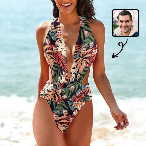 Custom Face Leaves Red&Green Women's Deep V-Neck Low Back Crossover One Piece Swimsuit  Personalized Woman Swimsuit
