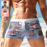 Custom Face Beach Hawaii Aloha Men's Swimwear Short Swim Trunks with Zipper Pocket Personalized Surfing Square Leg Board Shorts