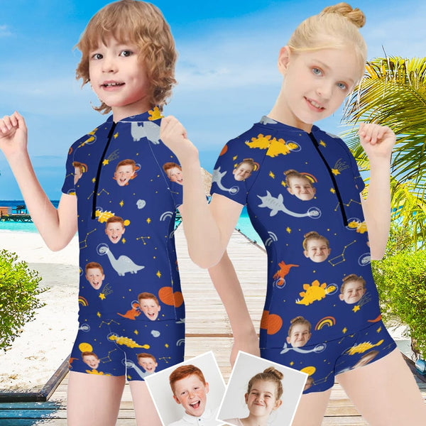 Custom Face Dinosaur Short Sleeve Two Piece Tankini Personalized Kid Swimsuit