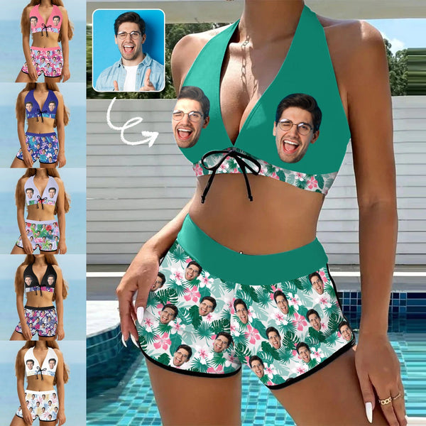 Custom Face Multiple Colors Flowers Boyshorts Bikini Set Personalized Halter V Neck Top Athletic Bathing Suit High Waisted Bikini