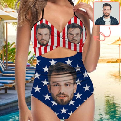 Custom Face Backless Swimsuit Personalized Face Blue Paint Smear Pattern Women&