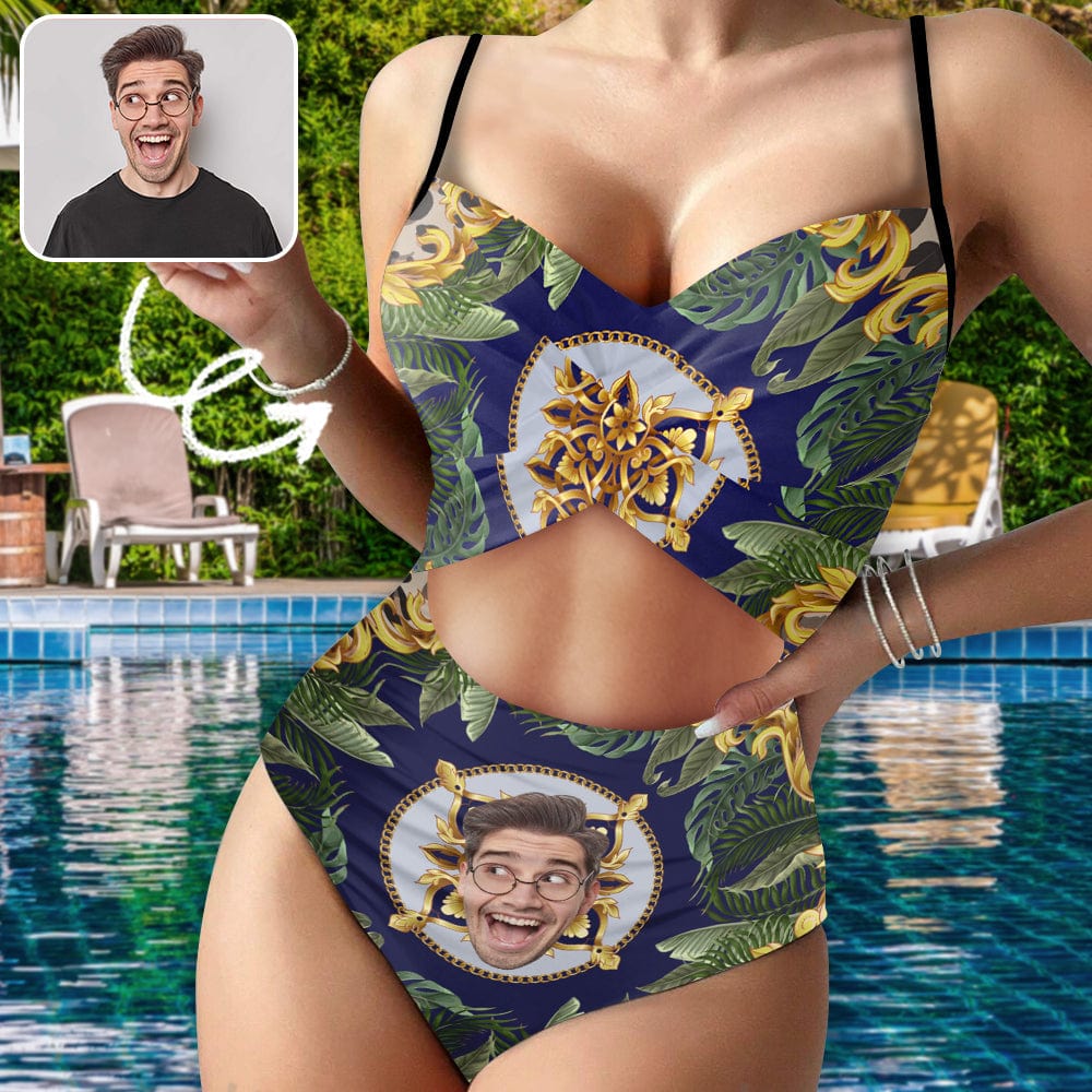 Custom Face Backless Swimsuit Personalized Face Retro Pattern Women&