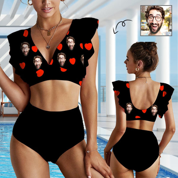 [Up to 5XL] Custom Face Red Heart Ruffle Sleeve Bikini Swimsuit Personalized Bathing Suit