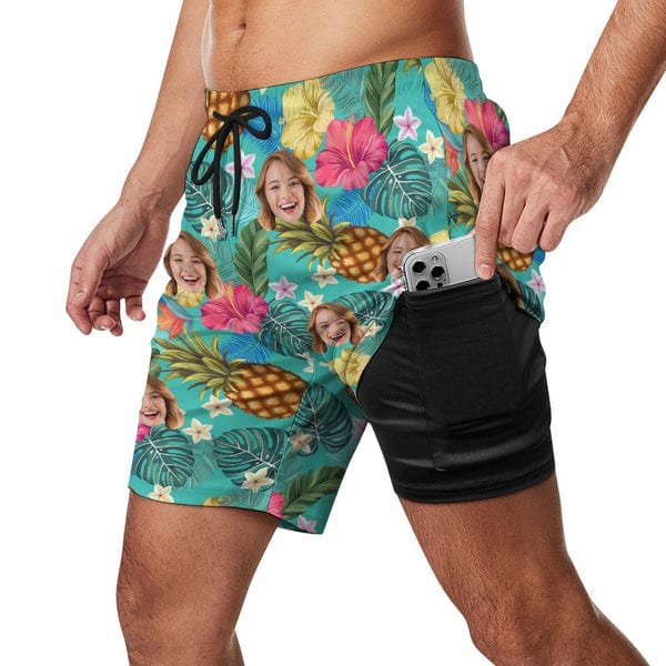 Special Offer#Personalized Face Swim Trunks Custom Face Pineapple Flowers Quick Dry Men's Swim Shorts