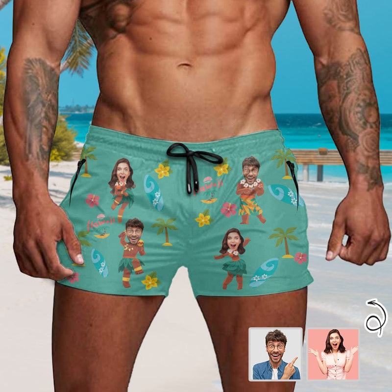 Custom Face Hula Dance Green Men's Quick Dry Shorts Personalized Swim Trunks with Side Zipper Pocket Surfing Square Leg Board Shorts