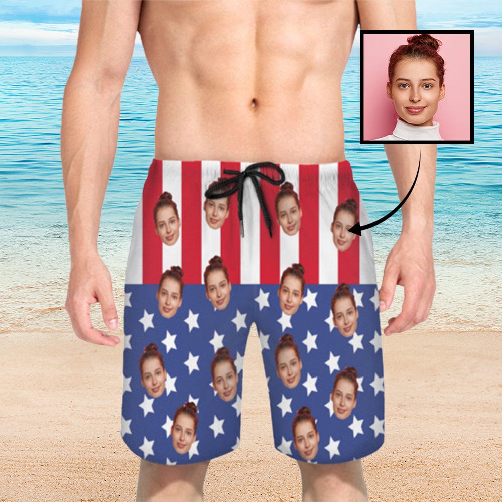 Custom American Flag Face Quick Dry Swim Trunks Personalized Gift for Him