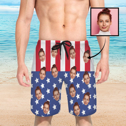 Custom American Flag Face Quick Dry Swim Trunks Personalized Gift for Him