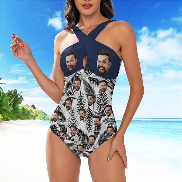 Custom Face Cross Collar One Piece Swimsuit Personalized Women&