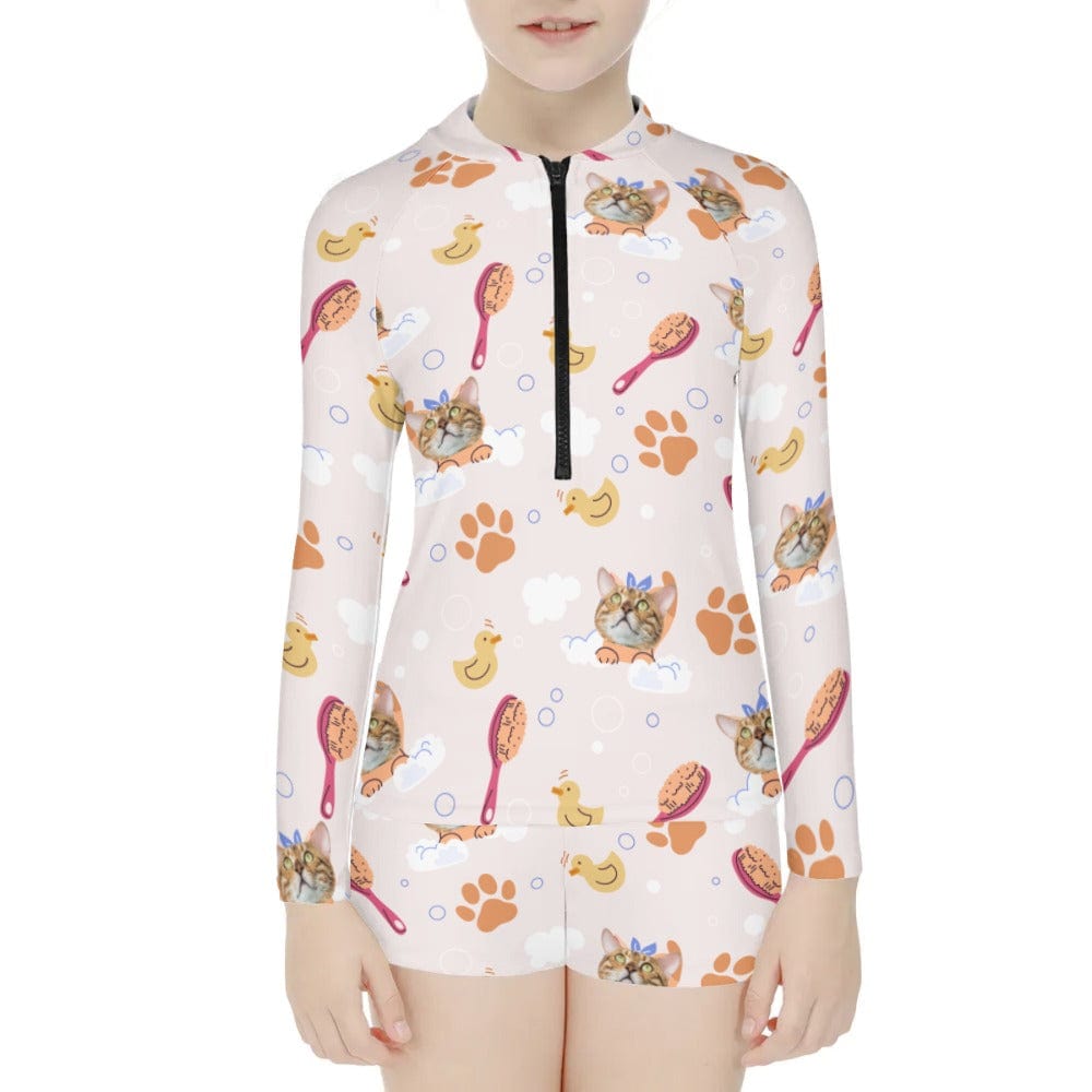 Custom Pet Face Long Sleeve Children  Swimsuit Personlized Two Piece Tankini